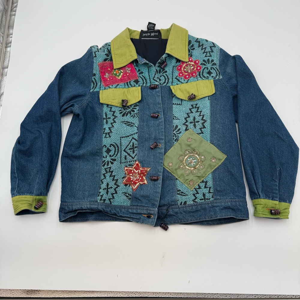 Indigo Moon Jacket Women's Size S Patchwork Sequin Boho Multicolor Bead Buttons